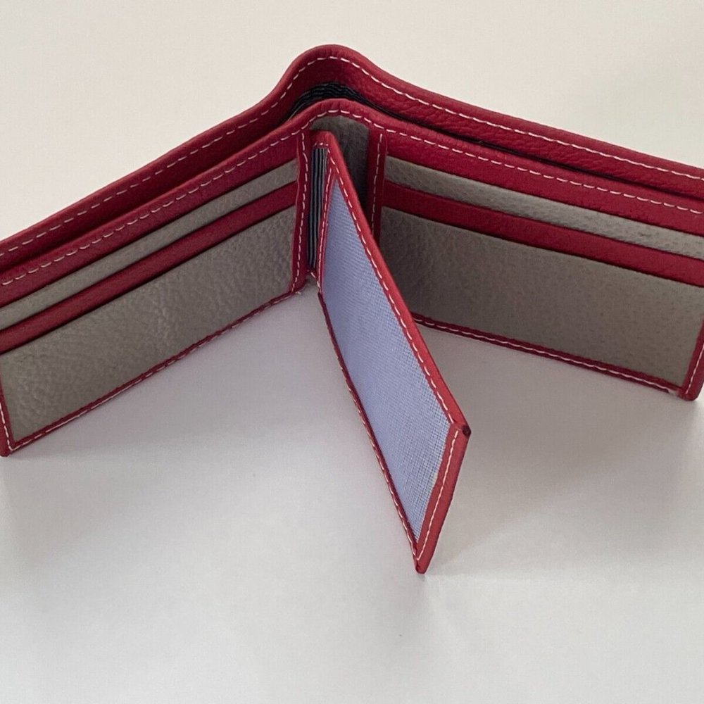 Handmade Card Holder Red/Tan Genuine Leather Wallet Bi Fold Purse Money Clip